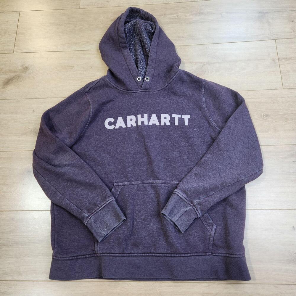 Carhartt Hoodie Sweatshirt Womens XL Purple Logo Fleece Pullover Kangaroo Pocket